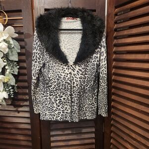 Red Leopard Print Jacket with Black Faux Fur Collar
